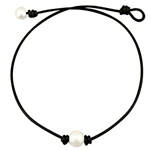 Freshwater Pearl Leather Choker for Women with Single AA Quality Bead Necklace Handmade Jewelry by Wiw 18" Black