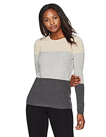 Lark & Ro Women's 100% Cashmere 12-Gauge Ribbed Colorblock Crewneck Sweater, Wheat/Light Grey/Dark Grey, Small