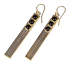YUWEI 24k Gold Plated Black Onyx Long Bar with Triple Natural Semi-Precious Stone Dangle Earrings